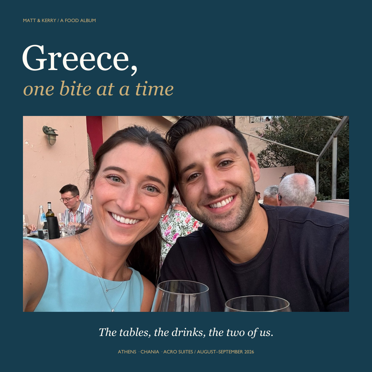 Cover of Matt and Kerry's Greece food album, titled Greece, one bite at a time