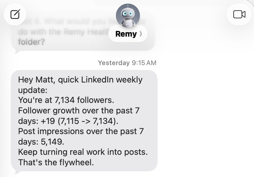 An iMessage from Remy with a weekly LinkedIn update, recent growth, post impressions, and one line of coaching