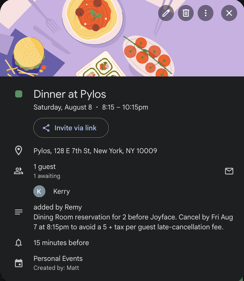A Google Calendar event for dinner at Pylos with Kerry invited and a description that says added by Remy
