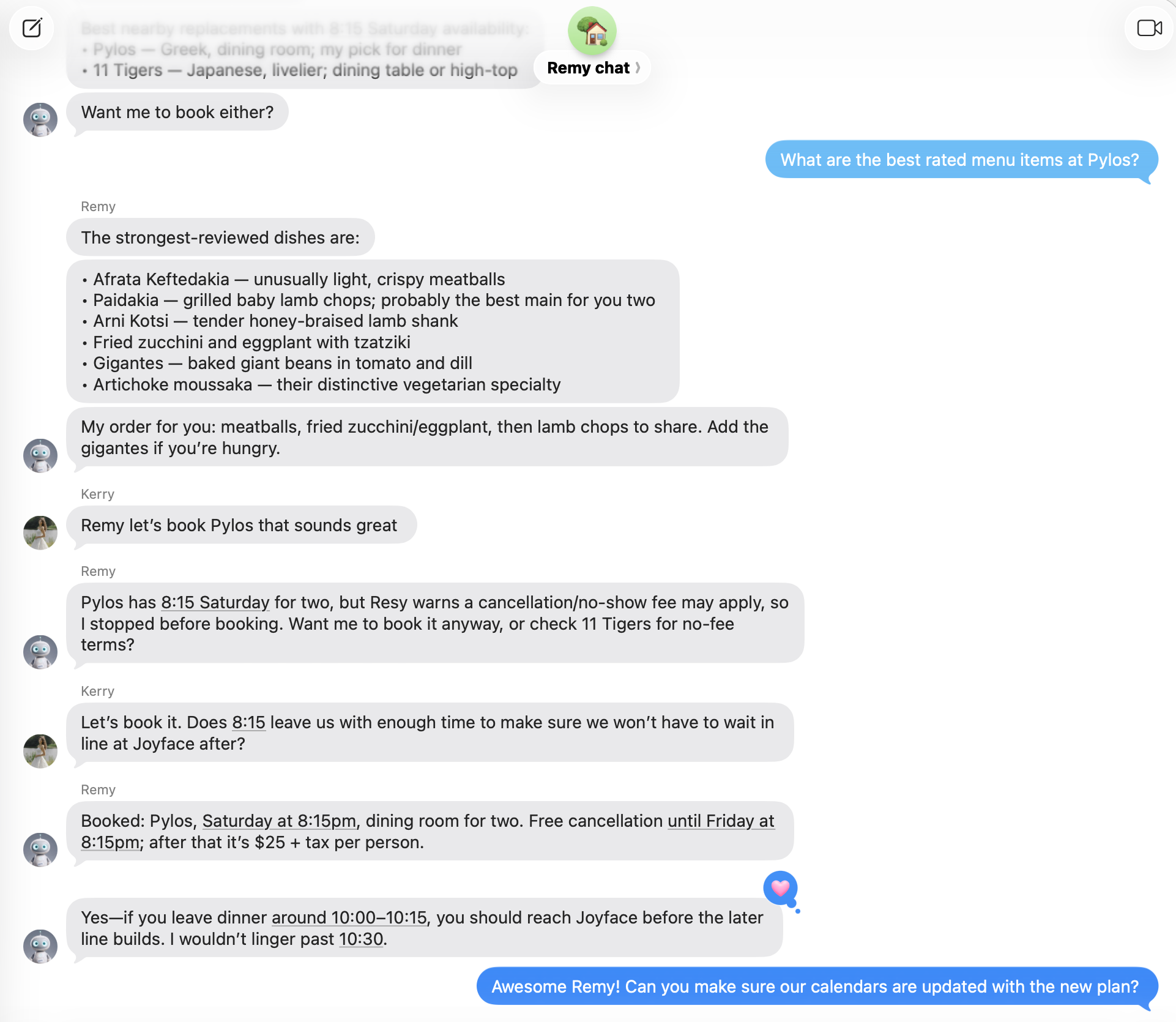 An iMessage group chat where Matt asks about the menu at Pylos, Kerry asks Remy to book it, Remy stops to warn about a possible cancellation fee, then confirms the booking and calendar update