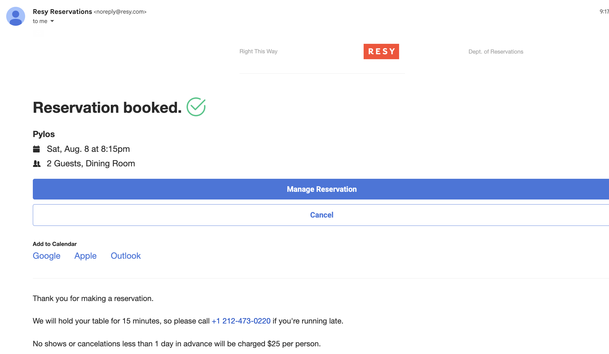 A Resy confirmation email for dinner at Pylos, including the reservation details and no-show fee policy