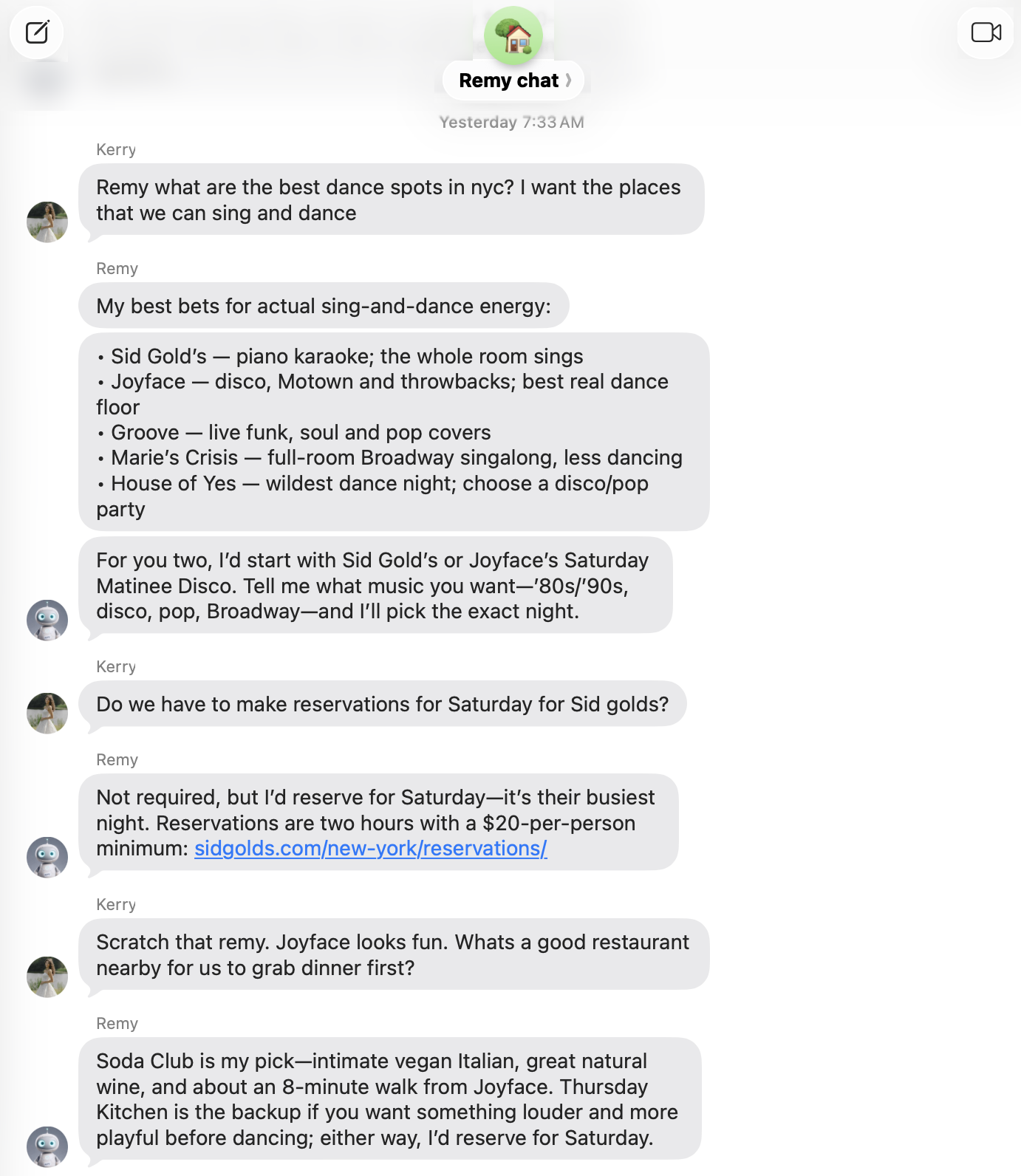 An iMessage group chat where Kerry asks for sing and dance spots in New York City and Remy recommends venues, explains reservation policies, and suggests dinner near Joyface