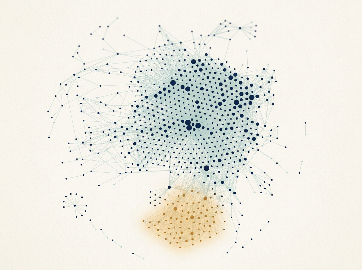 A network graph of hundreds of small linked dots on warm paper: a dense teal and ink core with satellite constellations, and one amber cluster glowing near the bottom