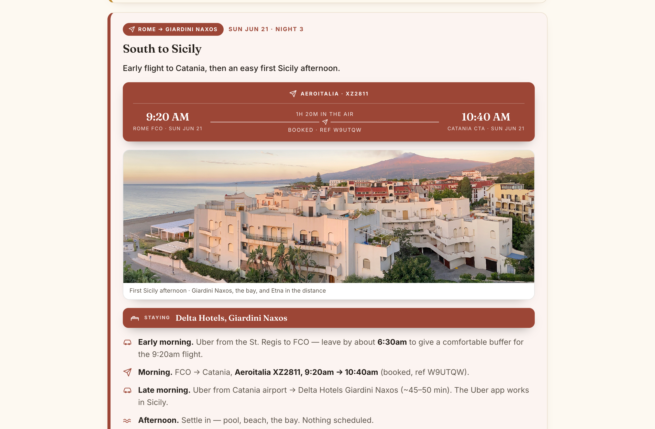 One day inside the trip dashboard, with the flight south to Sicily, the hotel, and the afternoon plan