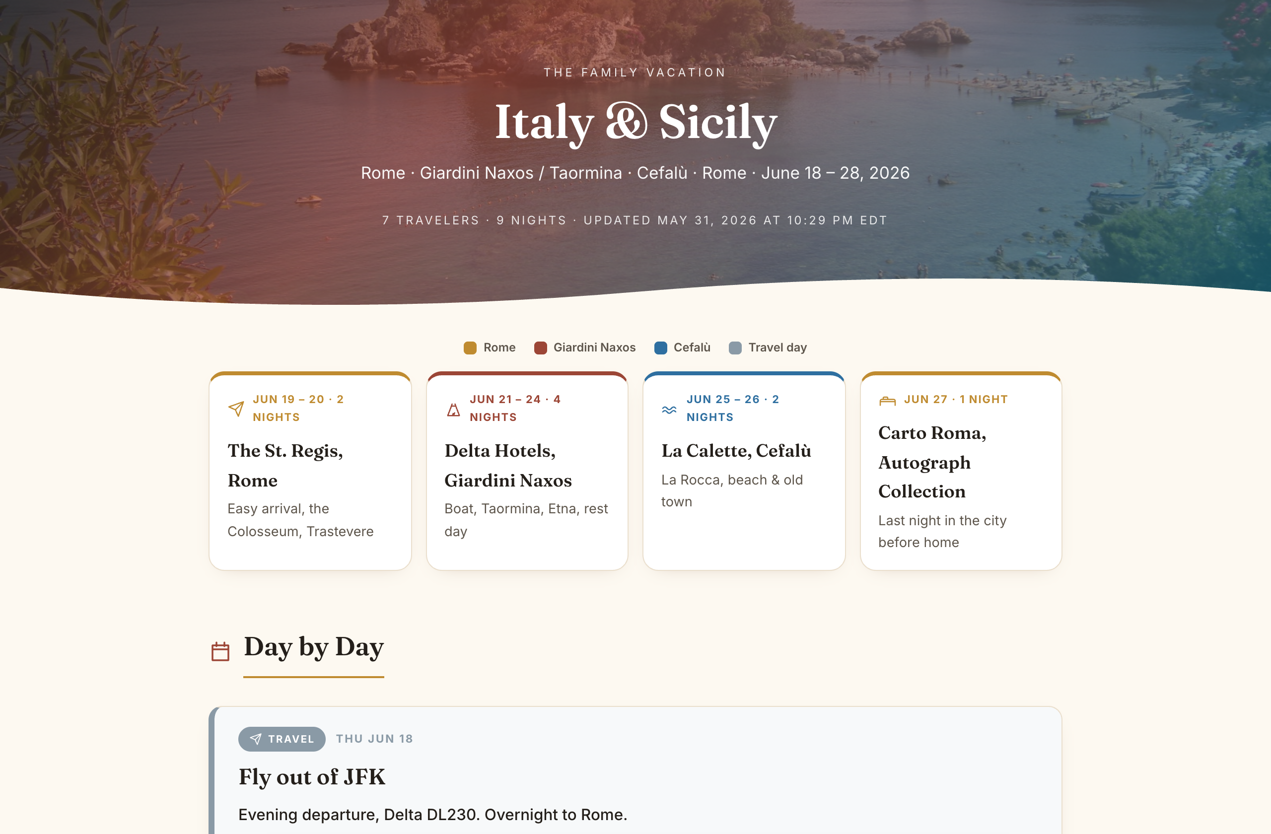 The Italy and Sicily trip dashboard Remy built, with hotel stays and the start of the day-by-day plan
