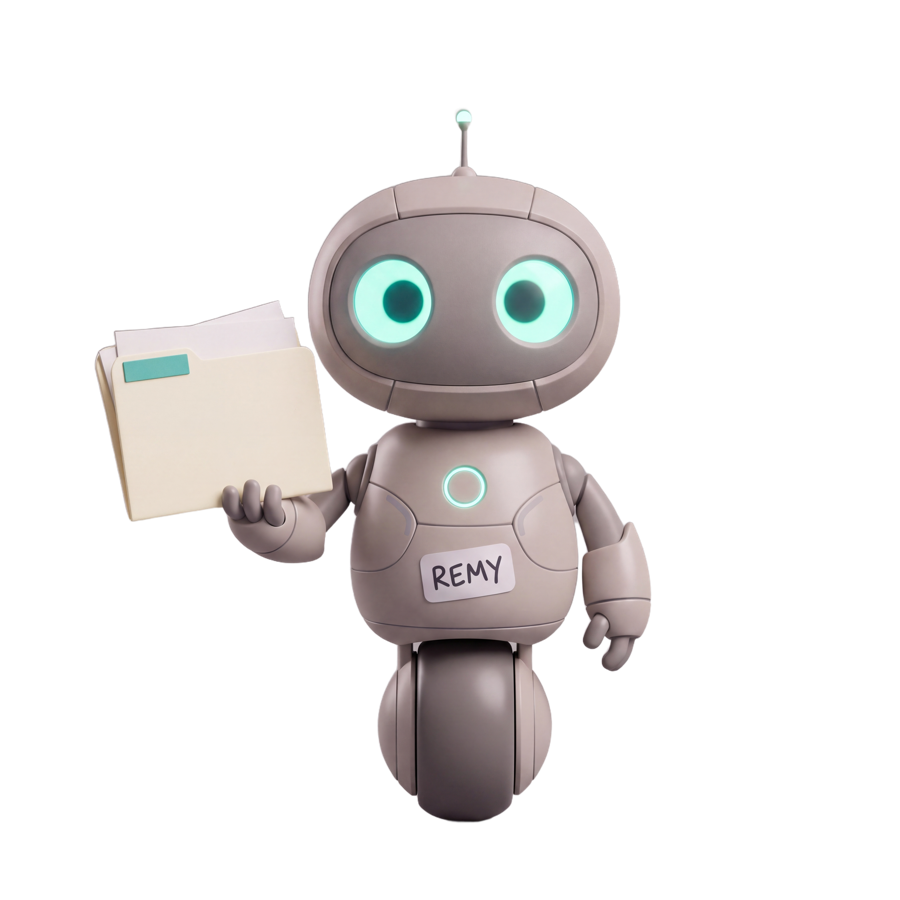 Remy the robot holding out a folder of work