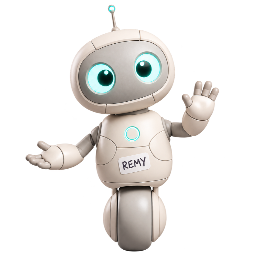 Remy the robot waving hello with one open palm